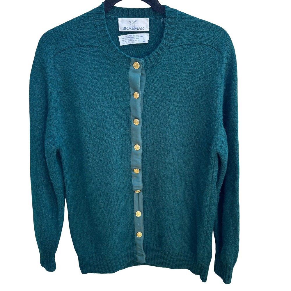 Braemar Vintage 80s Scottish Shetland Wool Heritage Cardigan Sweater Green XL